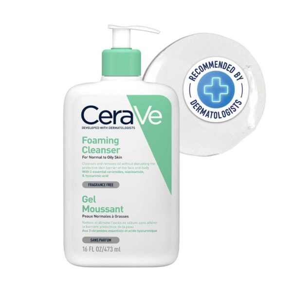 CeraVe Foaming Cleanser For Normal To Oily Skin, Non-Comedogenic And Fragrance-Free Cleansers For Acne-Prone Skin 473mL