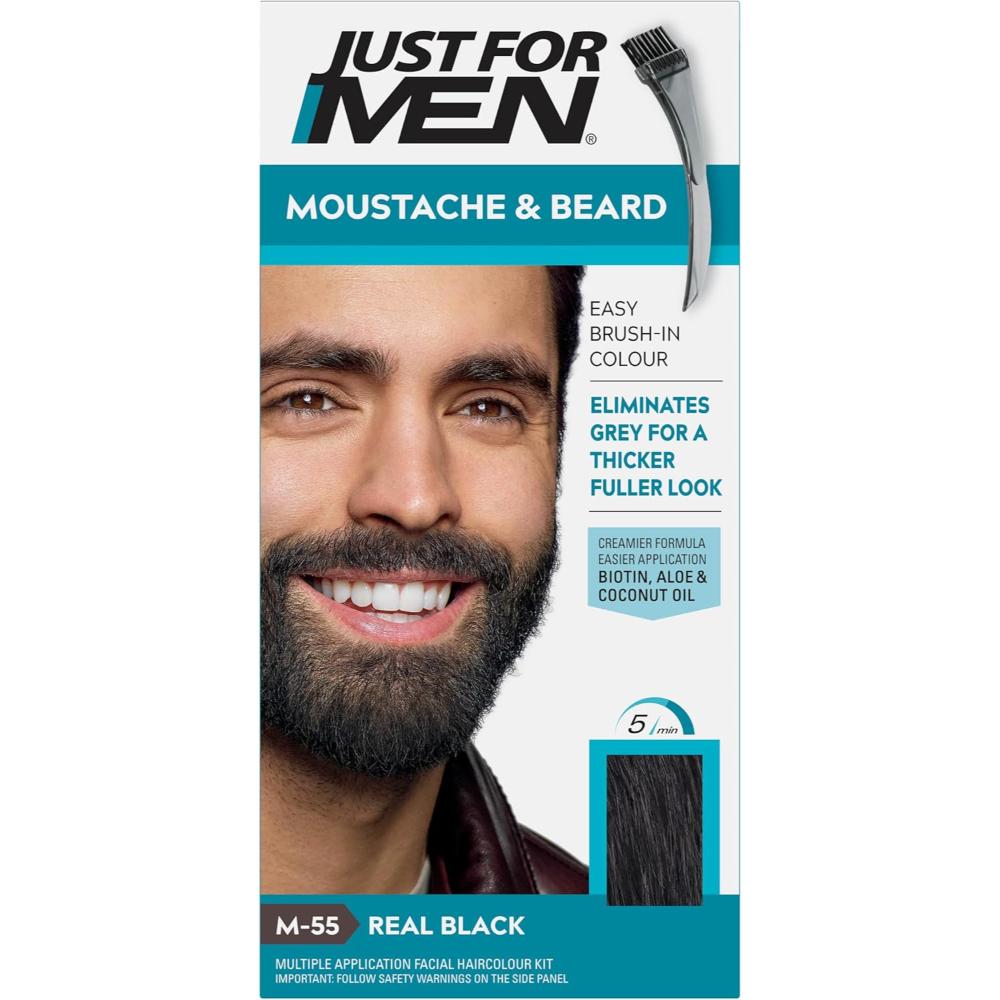 Just For Men Mustache & Beard, Beard Dye for Men with Brush Included for Easy Application, With Biotin Aloe and Coconut Oil for Healthy Facial Hair, Real Black, M-55